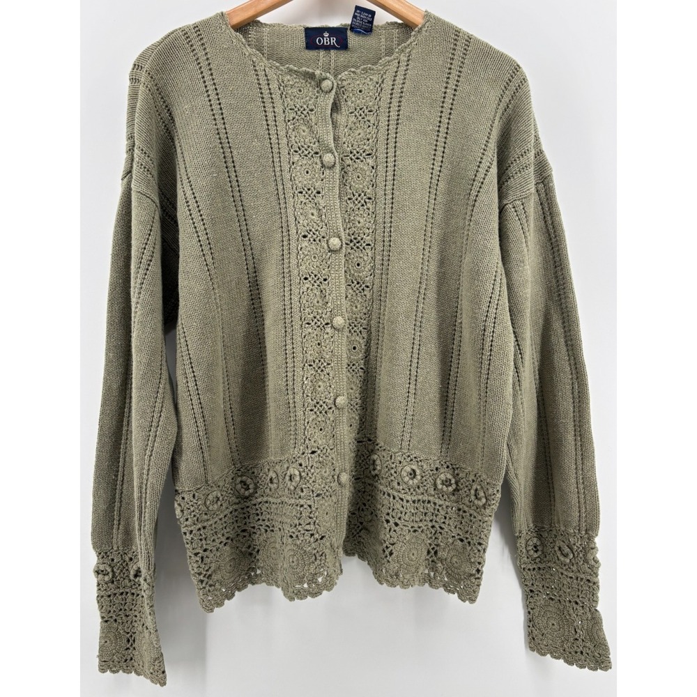 OBR Cardigan Sweater Womens Large Olive Green Crochet Knit Long Sleeve Cotton